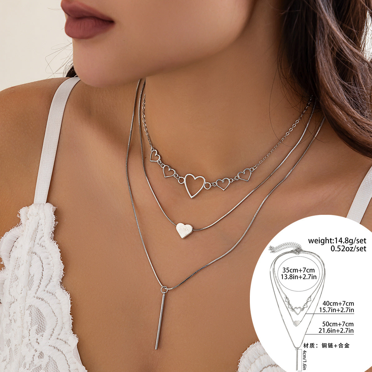 Wholesale Snake bone chain contrasting diamond multi-layer heart-shaped necklace